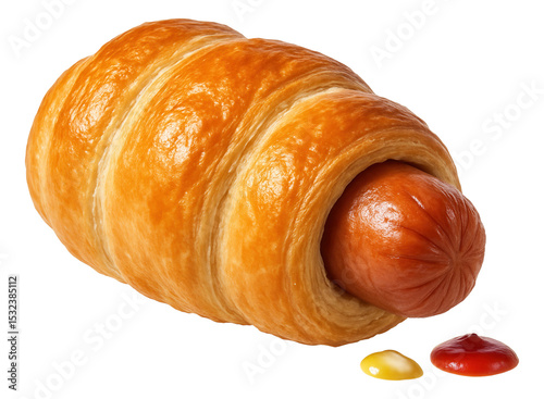 A savory sausage wrapped in golden puff pastry with dollops of yellow mustard and red ketchup.