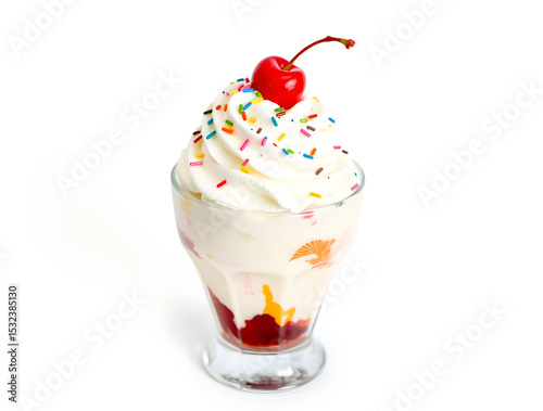 Delicious ice cream sundae with whipped cream, cherry, and sprinkles on white background