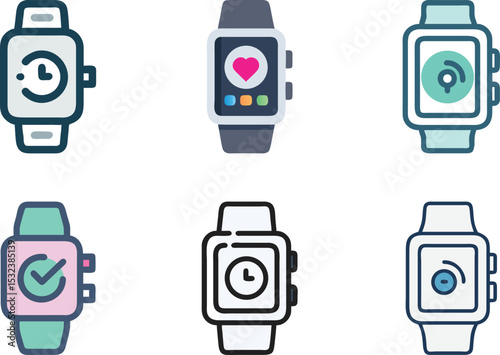 Six icon Collection of smartwatch icons featuring different functions and display designs