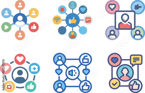 Six icon Illustration of social media and online connectivity concepts with engagement and interaction