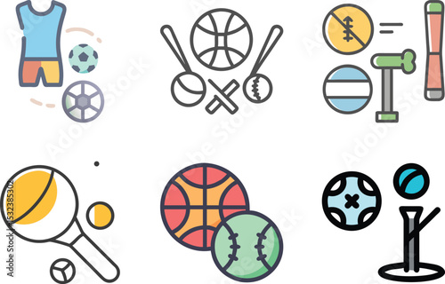 Six icon A collection of different sports equipment, including balls and gear