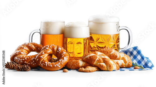 Oktoberfest beer and pretzels on white background