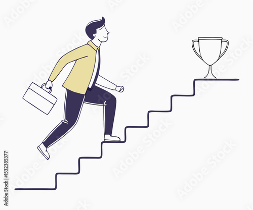 Businessman Climbing Stairs to Success Trophy
