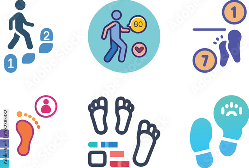 Six icon Various representations related to steps, physical activity, and footprint analysis metrics