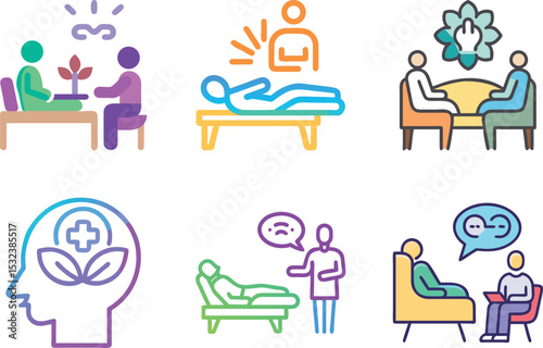 Six icon Various forms of psychotherapy and mental health support illustrations in vector format