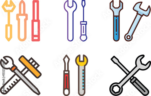 Six icon Various colored hand tools for construction or repair services illustration