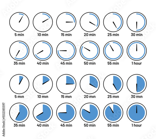 Circle clocks collection with blue filling. Timer, chronometer icons on white background. Stopwatches deadline symbols. Countdown timer with different minutes. Vector illustration.