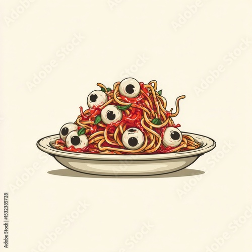 Spaghetti served on a plate with humorous eyeball meatballs and sauce in a playful culinary arrangement