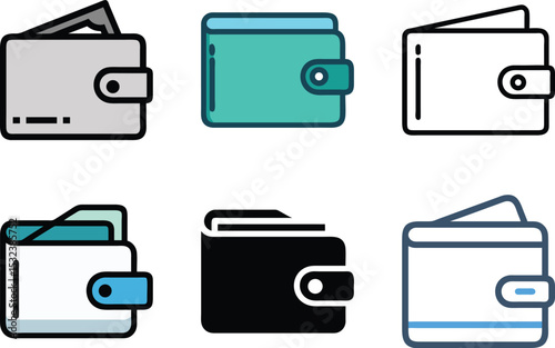 Six icon Diverse Collection of Colorful and Monochromatic Wallet Vector Icons Set