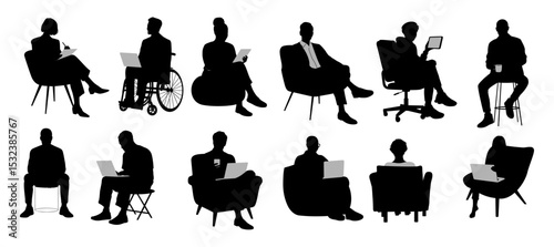 Silhouettes of diverse business people, men, women sitting in armchairs, chairs, wheelchair. Inclusive business concept. Vector illustrations isolated on transparent background.