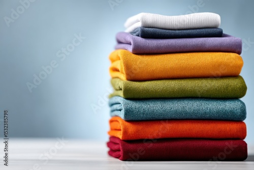 Colorful folded clothes stacked neatly on a wooden surface against a light blue background in a bright indoor setting