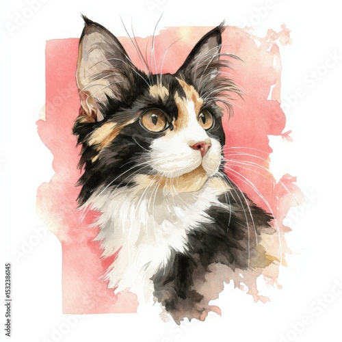 Detailed portrait of a calico cat with striking features in soft pastel colors
