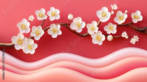Flowering Branch on Red Background with Pink Waves