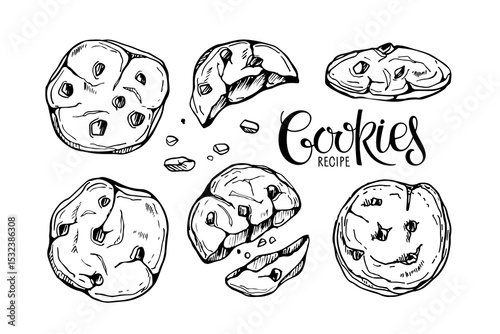 Cookies sketch set isolated on white background. Chocolate chip biscuit collection. Hand drawn chocolate chip cookie elements for package, menu, recipe. Sketch ink graphic cookies set. Sweet dessert.