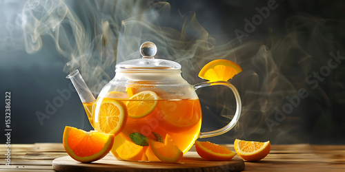Steaming Glass Teapot with Orange Slices on a Wooden Surface in a Cozy Setting

