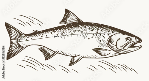 Engraving of Salmon Fish Swimming in Water