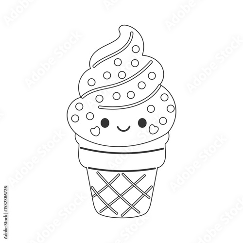Cartoon ice cream cone with swirled top and sprinkles, designed as a playful coloring page for preschool and school activities.