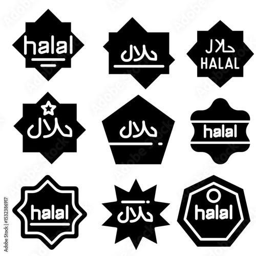 Modern halal icons featuring halal-certified logos, green labels, no pork and no alcohol signs, and Islamic symbols. Great for branding, marketing, menus, and Muslim consumer product packaging
