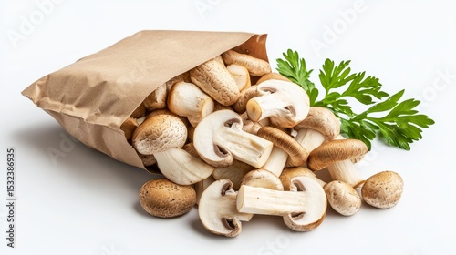Gourmet Dehydrated Mushrooms in Eco-Friendly Pouch with Visible Nutrition Label - Organic Food Concept ,Dried mushrooms, processed.
