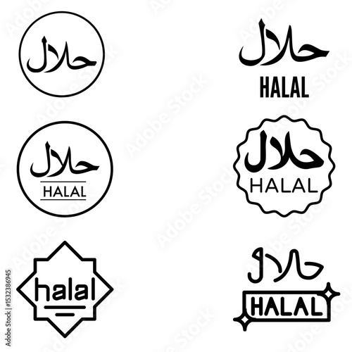 Set of Halal icons including Arabic calligraphy, certified halal stamps, meat and food labels, no alcohol and no pork signs. Perfect for Islamic product packaging, menus, and branding designs.

