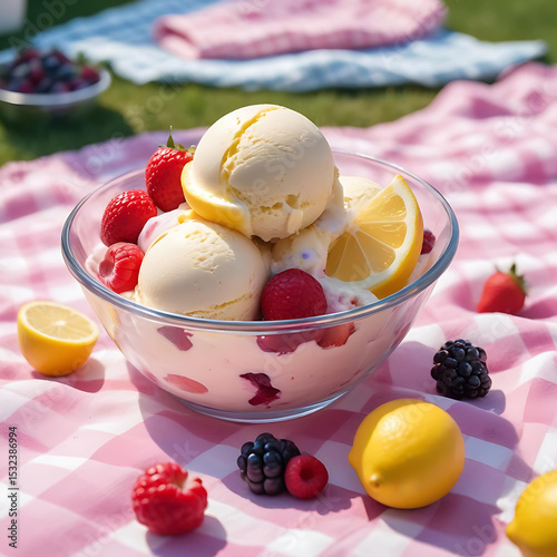 Primo piano di gelato al limone e frutti di bosco in una ciotola di vetro trasparente, decorato con scaglie di cioccolato e guarnito con lamponi, adagiato su una coperta da picnic a quadri viola e bia