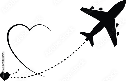 Airplane line path travel line icon, Airplane flying with heart shaped trail.