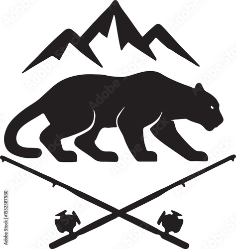Mountain Lion Silhouette with Mountain Peaks and Crossed Fishing Rods – Outdoor Wildlife and Fishing Logo Design

