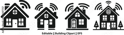 Smart Home Silhouette Icon – Rooflines, Windows & Wi-Fi Signal in Flat Modern Design