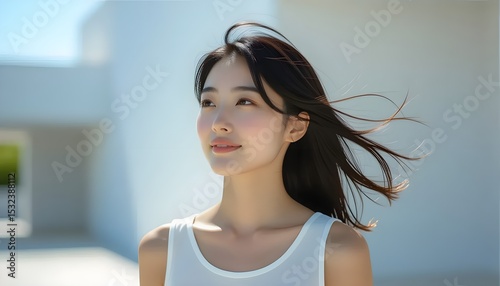 Beautiful young Asian woman with hair blowing in the wind, looking hopefully into the sunlight in front of a modern minimalist building. Concept for skincare, wellness, and a positive future.
