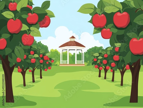 A simple cartoon picture of an apple orchard.  It shows a grassy field with apple trees and a gazebo in the background.  Perfect for representing apple picking, farming, or the harvest season.
