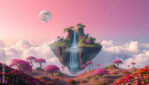 Majestic floating island featuring a cascading waterfall and colorful foliage surrounded by clouds and a dreamy sky, evoking a serene and magical ambiance.