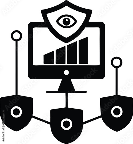 Cybersecurity Monitoring System with Graphs vector silhouette illustration
