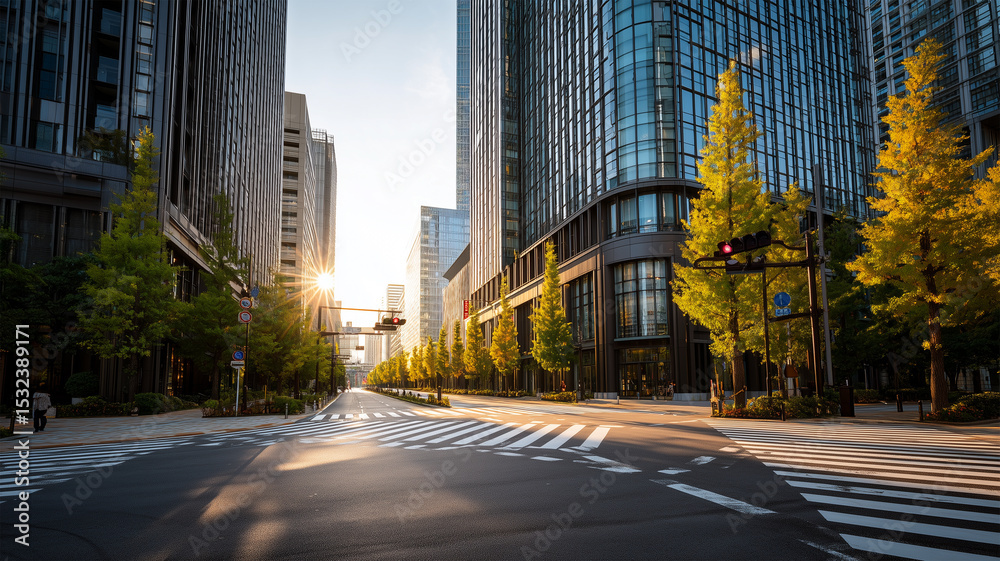 Obraz premium 日本のビジネス街の朝、通勤前の静けさ
