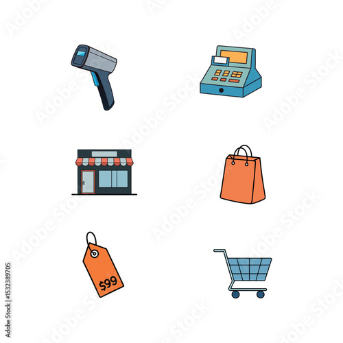 Vector art of various retail icons isolated on white background include a scanner, cash register, store, shopping bag, price tag, and shopping cart