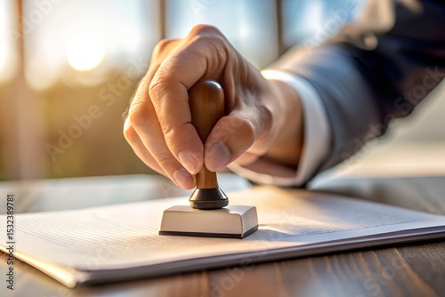 Stamp of Authority: A close-up shot capturing the decisive moment as a hand presses a wooden stamp onto a crisp white document, symbolizing approval, authorization, and the finality of a deal.