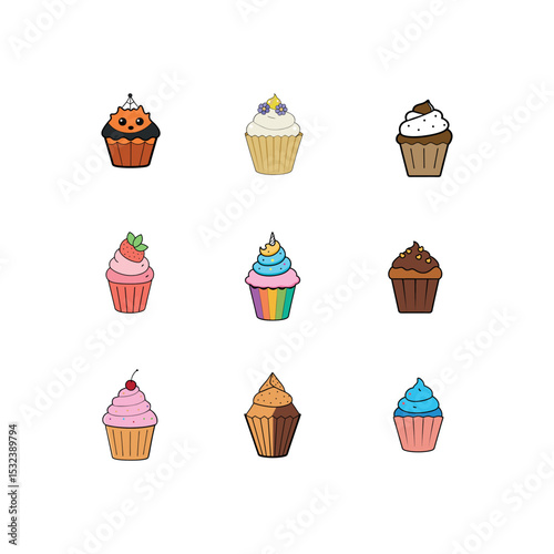 Vector art of nine colorful cupcakes are isolated on white background, each with unique frosting and decorations