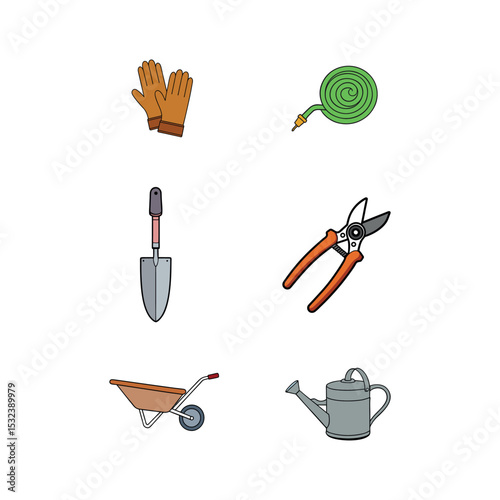 Vector art of gardening tools icons isolated on white background include gloves, hose, pruner, shovel, wheelbarrow and watering can