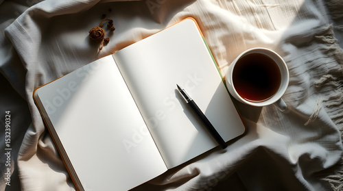 Open notebook with pen and teacup on cozy blanket creating writing space