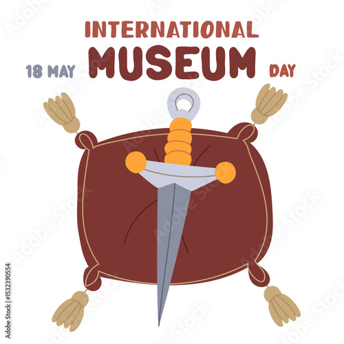 International Museum Day on May 18. sword, blade made of precious materials on cushion with tassels. Flat color illustration for use in posters, articles, social media related, history. banner