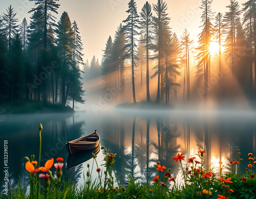 A serene scene featuring a sunlit lake surrounded by tall trees, a rowing boat floating peacefully, glowing sunrise, and colorful wildflowers enhancing its relaxing and natural beauty.