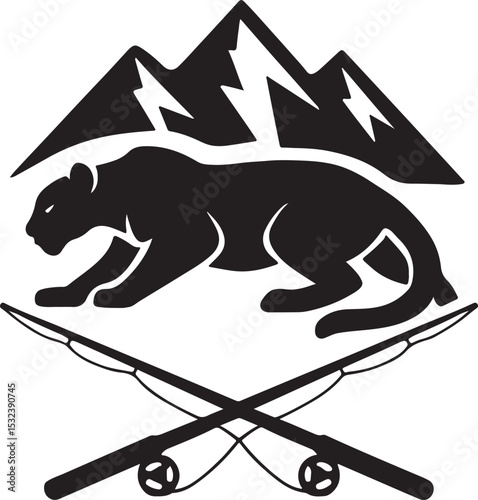 Mountain Lion Silhouette with Mountain Peaks and Crossed Fishing Rods – Outdoor Wildlife and Fishing Logo Design


