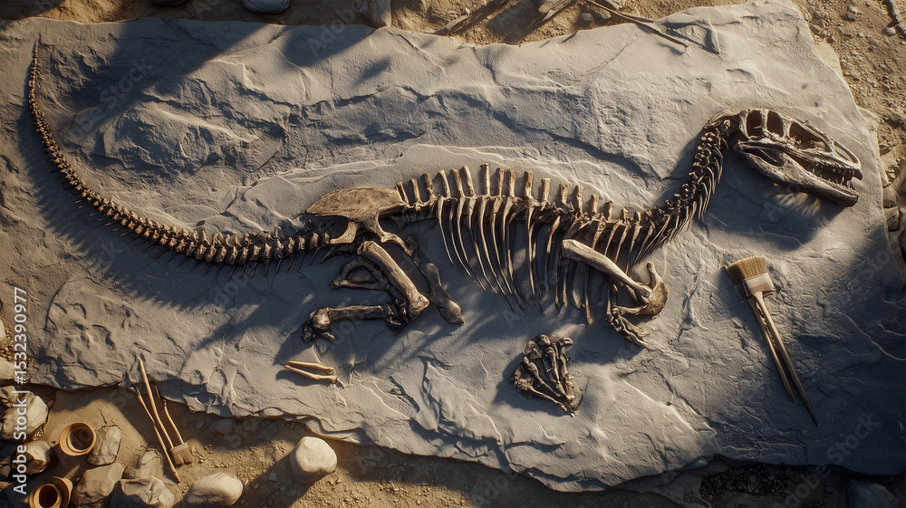 Fototapeta premium 恐竜骨格化石が露出した地層の発掘現場