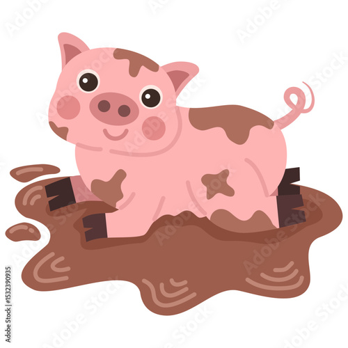 Illustration of a pink pig playing in the mud