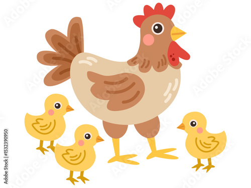 Illustration of a hen with chicks