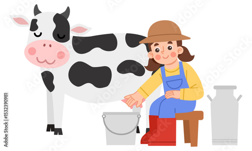 Illustration of a female farmer milking a cow