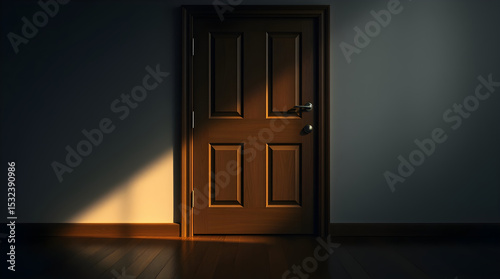 Sunlight illuminating closed door in dark room, creating a mysterious atmosphere