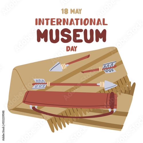 International Museum Day on May 18. An antique quiver with arrows on bedspread. Flat color illustration for use in posters, articles, and social media related to science and history. Square banner