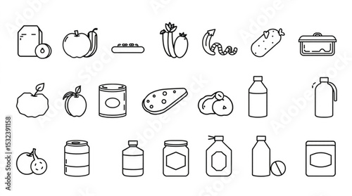 Outline drawing of diverse food items including fruits vegetables and packaged goods in a simple style created with generated ai