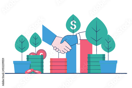 A friendly step ladder with coins, plant pots, and handshakes on each ascending step