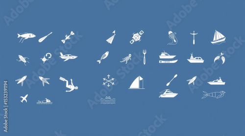 Collection of various nautical themed icons including boats fish and diving equipment on a blue background created with generated ai